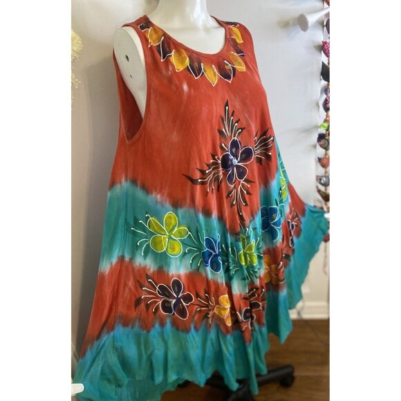 Vtg Seven Islands Boho Tie Dye Cultural Flowy Dress Sleeveless Flowers One‎ Size - Picture 10 of 16